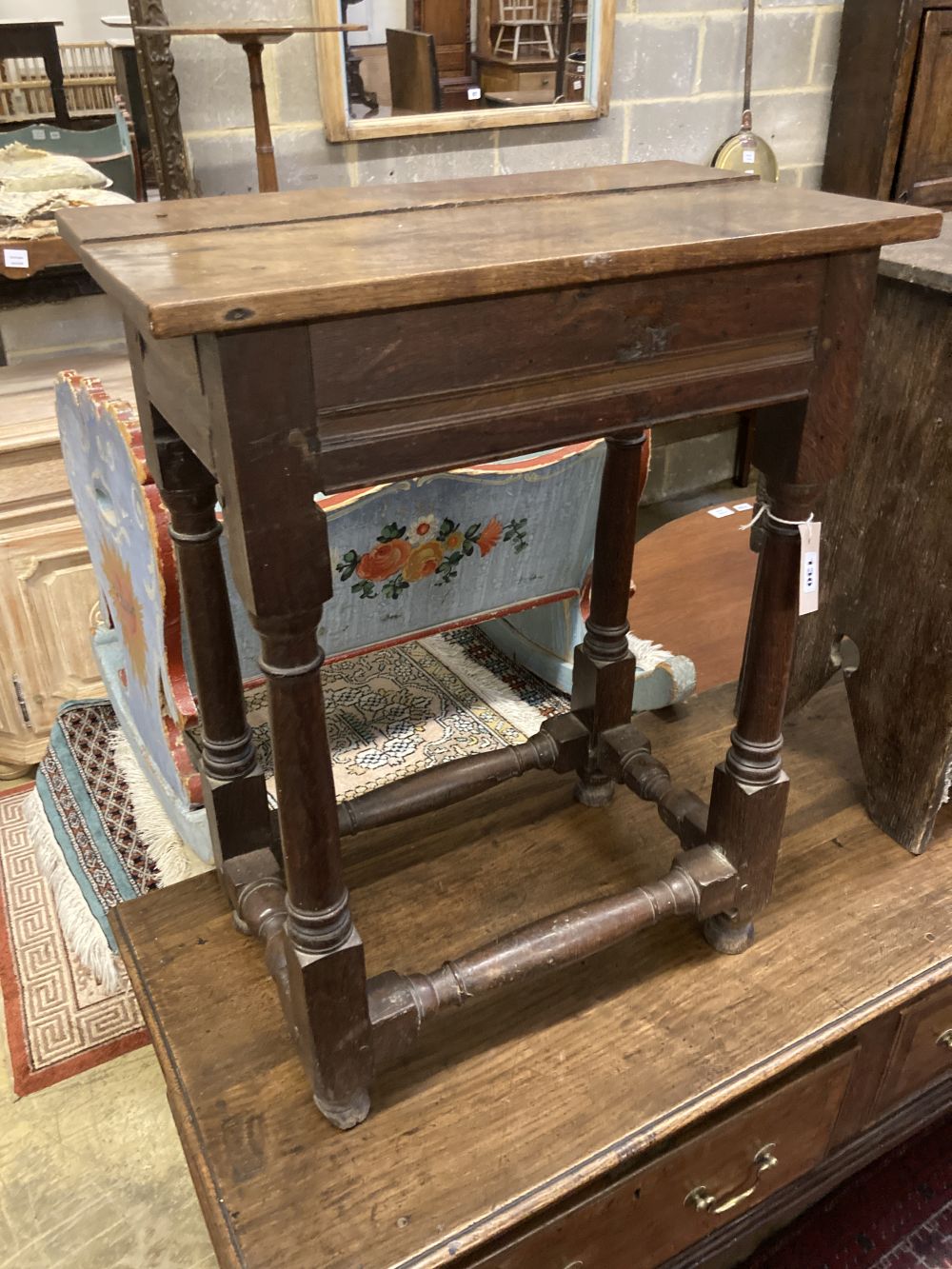 An 18th century and later oak side table, width 53cm depth 30cm height 69cm